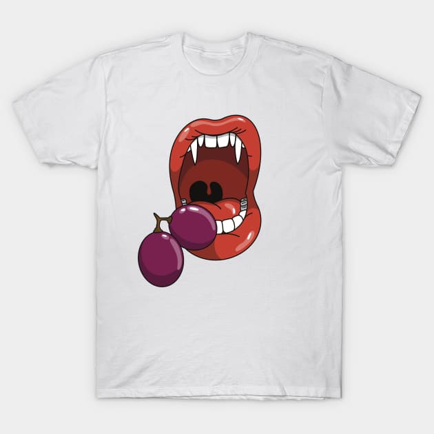 Mouth with vampire teeth about to take a bite into a purple grape T-Shirt by Fruit Tee